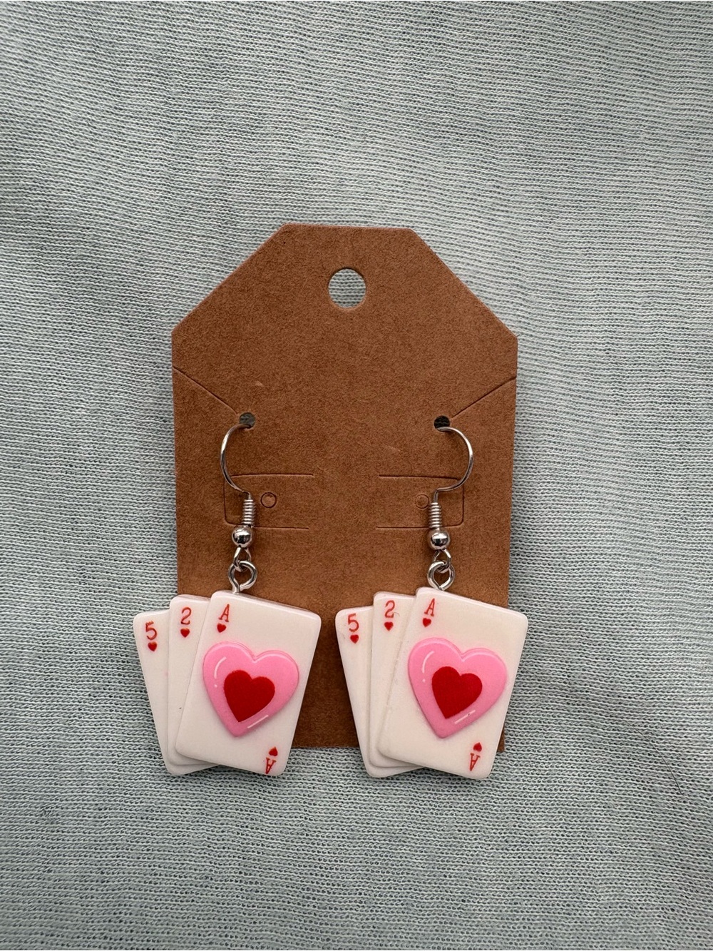 Heart Playing Card Dangle Earrings in Pink & Red